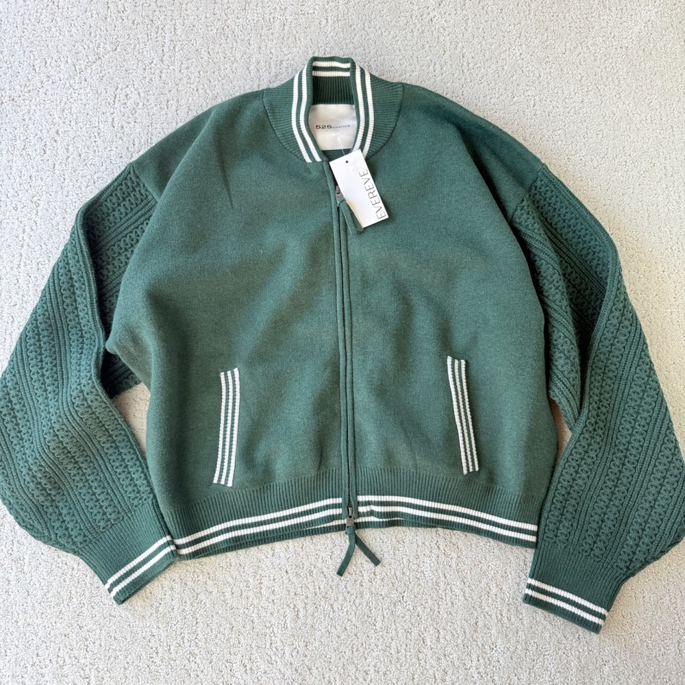 525 America Flynn Cable Sleeve Bomber Women L Green Varsity Knit Zip Jacket